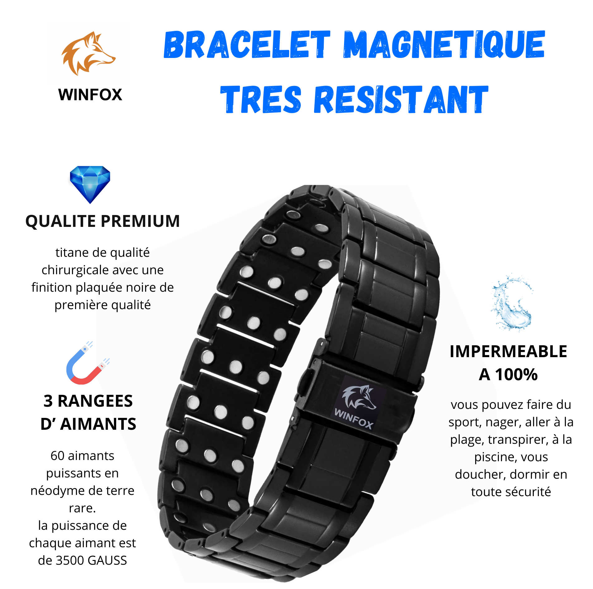 Bracelet Magnetique pour Homme, noir, Titane, Le Plus Puissant du marché, Bijou Aimanté Inoxydable, Ultra Résistant, Aimant en Néodyme de Terre Rare, Réglage avec Un Outil de Dimensionnement – Image 2